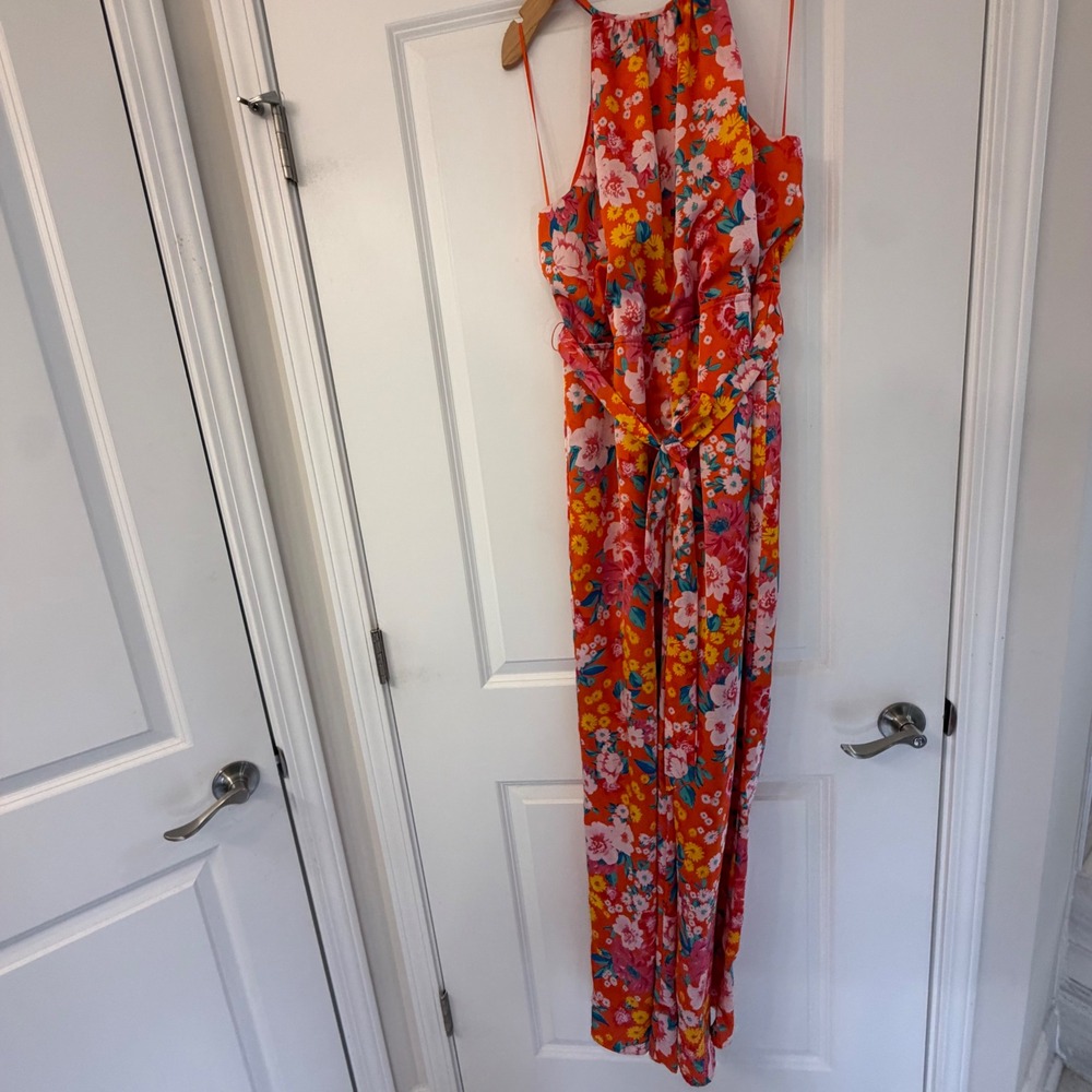 Sugarlips Floral Halter‎ Jumpsuit Orange Multi Wide Leg Tie Waist STP7025F NEW M